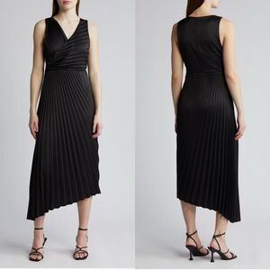 Sam‎ Edelman Pleated Asymmetric Hem Satin Dress, Classic Black, Size 10, NWT